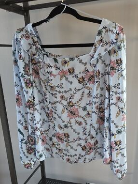 Banana Republic Light Blue Floral Blouse with Long Sleeves